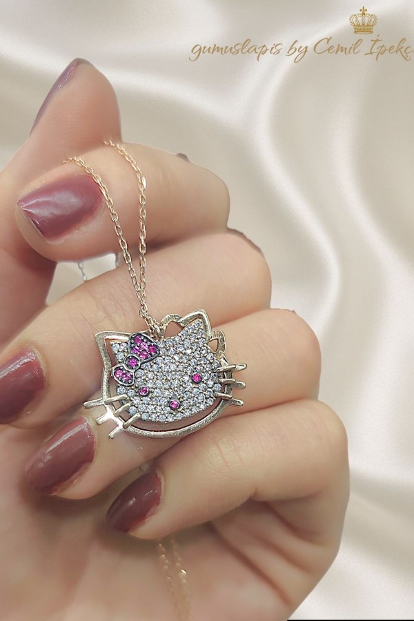 Kedi Motif Yakut Taşlı İki Parça Gümüş kolye 