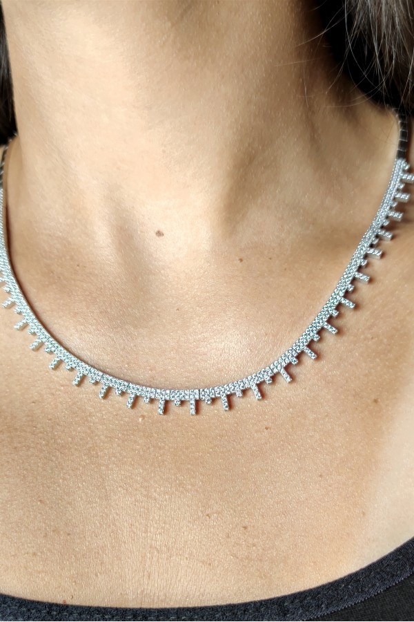 Laboratuvar Pırlantası Taşlı Yarım Suyolu Gümüş Gerdanlık 