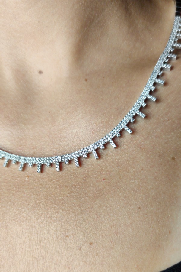 Laboratuvar Pırlantası Taşlı Yarım Suyolu Gümüş Gerdanlık 