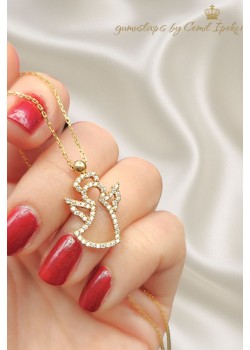Melek Motif Gümüş Sarı Kolye 