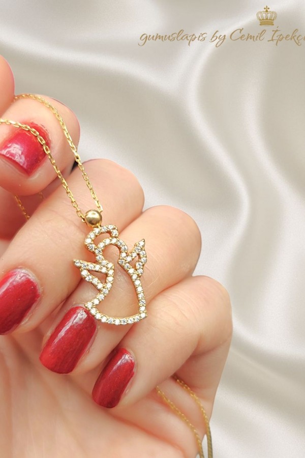 Melek Motif Gümüş Sarı Kolye 