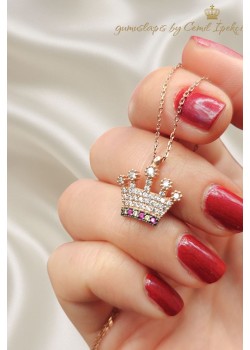 Yakut Taşlı Taç Motif Gümüş Mini Kolye 