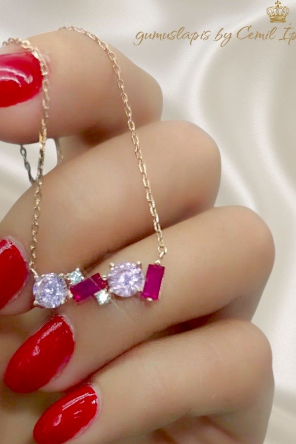 Yakut ve Morganit Taşlı Gümüş Kolye