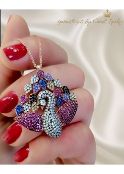 Renkli Doğal Taşlı Tavus Kuşu Gümüş Kolye