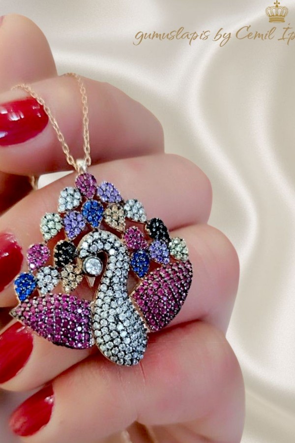 Renkli Doğal Taşlı Tavus Kuşu Gümüş Kolye