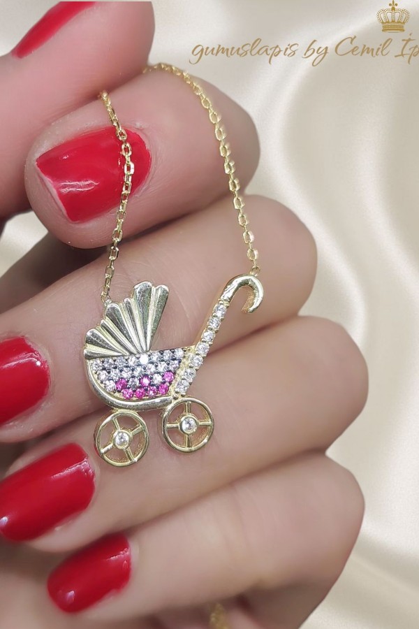 Bebek Arabası Motif Gümüş Kolye