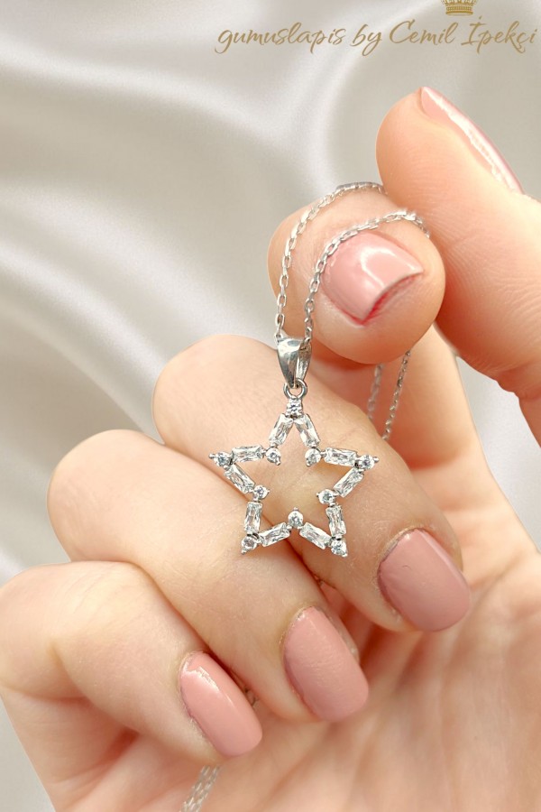 Baget Taşlı Yıldız Motif Gümüş Kolye 