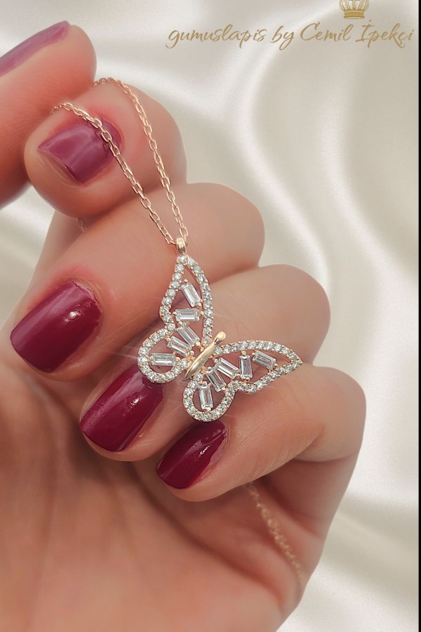 Baget Taşlı Kelebek Motif Gümüş Kolye