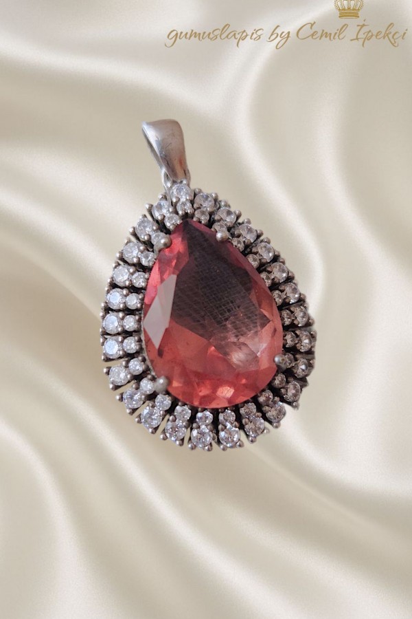 Renk Değiştiren Taşlı İri Damla Motif Gümüş Kolye Ucu 