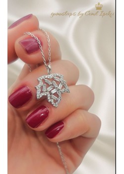 Baget Taşlı Çınar Ağacı Yaprağı Motif Gümüş Kolye