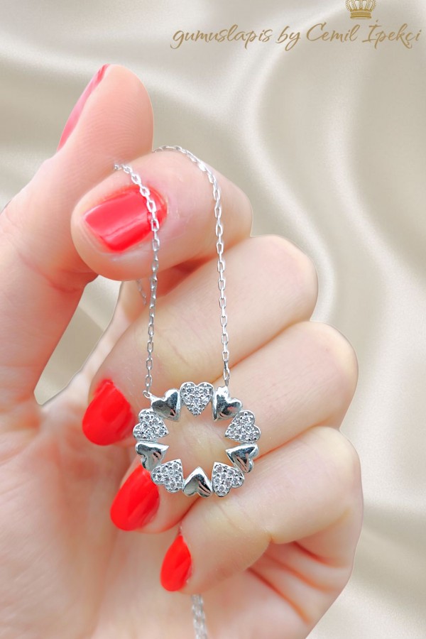 Mini Halka Kalp Motif Gümüş Kolye