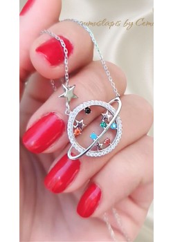 Satürn Motif Renkli Taşlı Gümüş Kolye