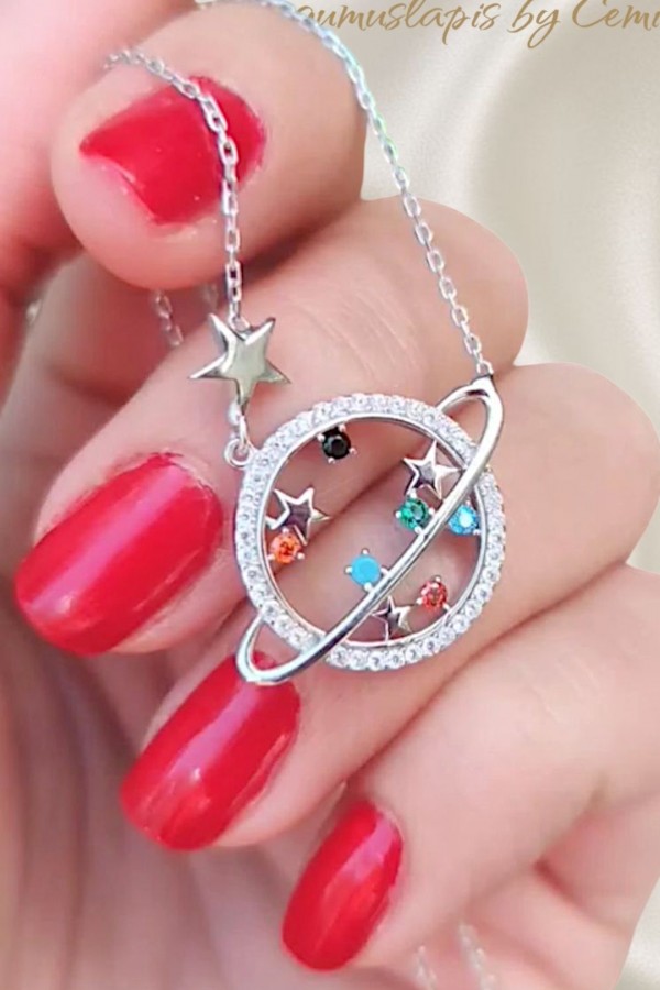Satürn Motif Renkli Taşlı Gümüş Kolye