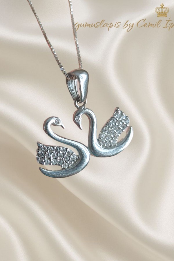 İki Kuğu Motif Gümüş Kolye