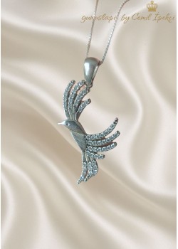 Kuş Motif Gümüş Beyaz Kolye