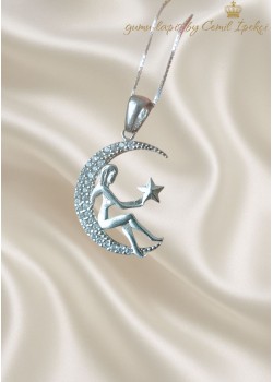Ay Yıldız ve Melek Motif Gümüş Kolye