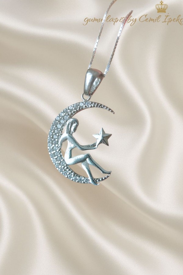 Ay Yıldız ve Melek Motif Gümüş Kolye