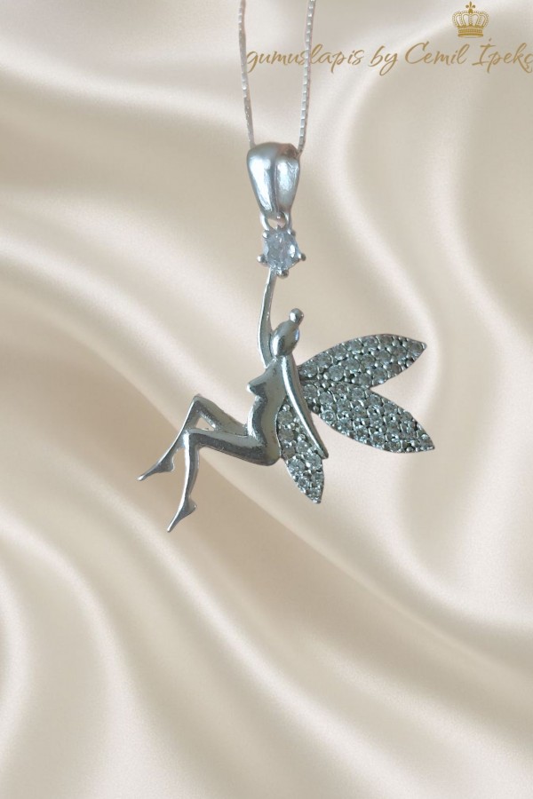 Melek Motif Gümüş Beyaz Kolye