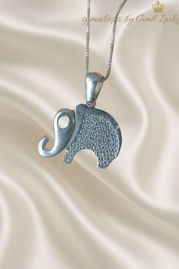 Fil Motif Gümüş Beyaz Kolye