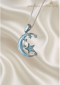 Ay ve Yıldızlarla Süslü Gümüş Kolye