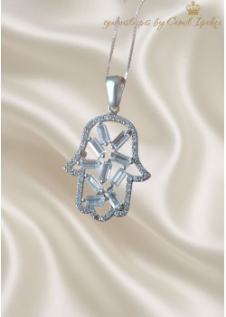 Fatıma Ana Eli Motif Baget Taşlı Gümüş Kolye