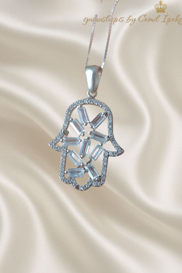 Fatıma Ana Eli Motif Baget Taşlı Gümüş Kolye