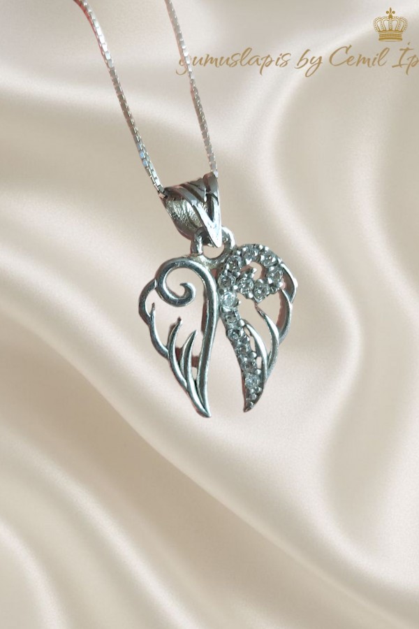 Melek Kanadı Motif Taşlı Gümüş Kolye