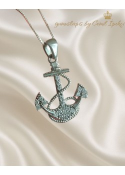 Çapa Motif Gümüş Taşlı Kolye