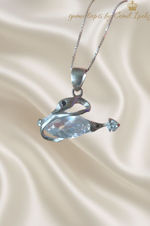 Taşlı Kuğu Motif Gümüş Kolye
