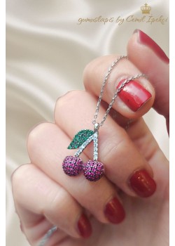 Yakut ve Zümrüt Taşlı Kiraz Motif Gümüş Kolye 