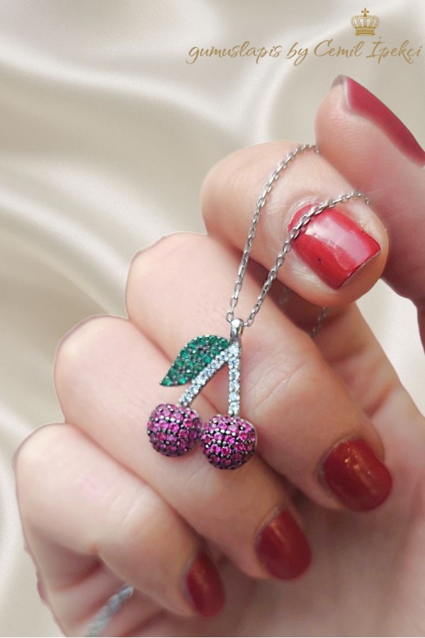 Yakut ve Zümrüt Taşlı Kiraz Motif Gümüş Kolye 