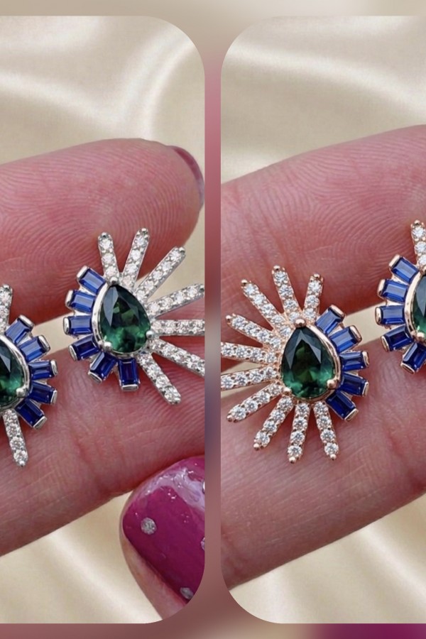 Safir ve Peridot Taşlı Gümüş Küpe Çifti Serisi 