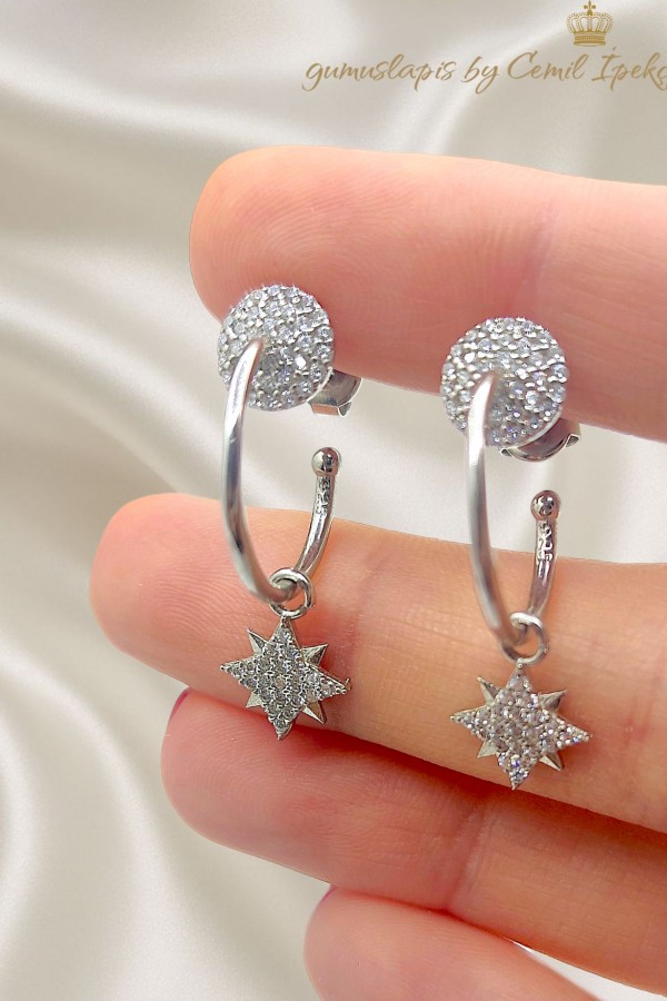 Kutup Yıldızı Motif Gümüş Yarım Halka Küpe Çifti 
