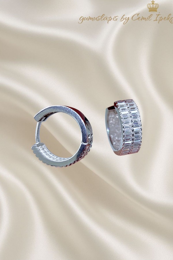Önü Baget Taşlı Arkası Düz Gümüş Halka Küpe Çifti