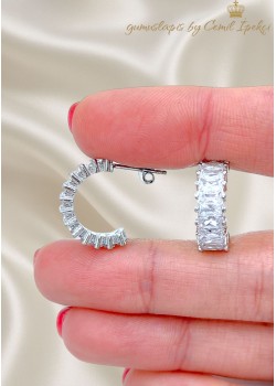 Laboratuvar Pırlantası Taşlı Baget Kesim Yarım Halka Küpe Çifti 