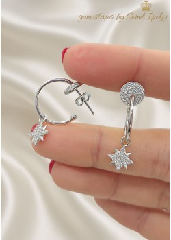 Kutup Yıldızı Motif Gümüş Yarım Halka Küpe Çifti 