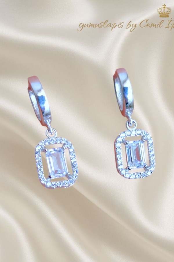 Laboratuvar Pırlantası Taşlı Baget Kesim Sallantılı Küpe