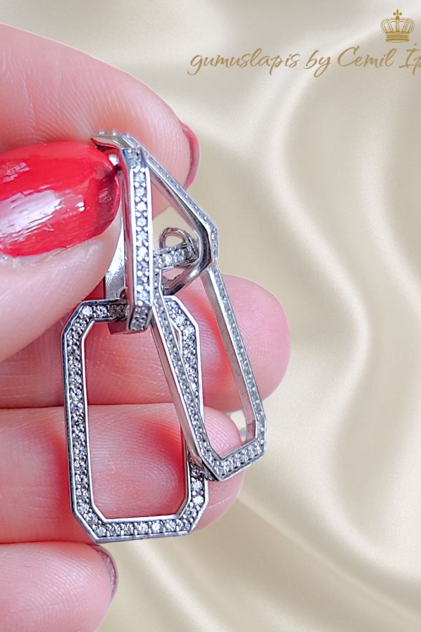 Laboratuvar Pırlantası Taşlı Dikdörtgen Form Gümüş Küpe Çifti