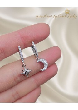 Ay Yıldız Motif Gümüş Küpe Çifti 