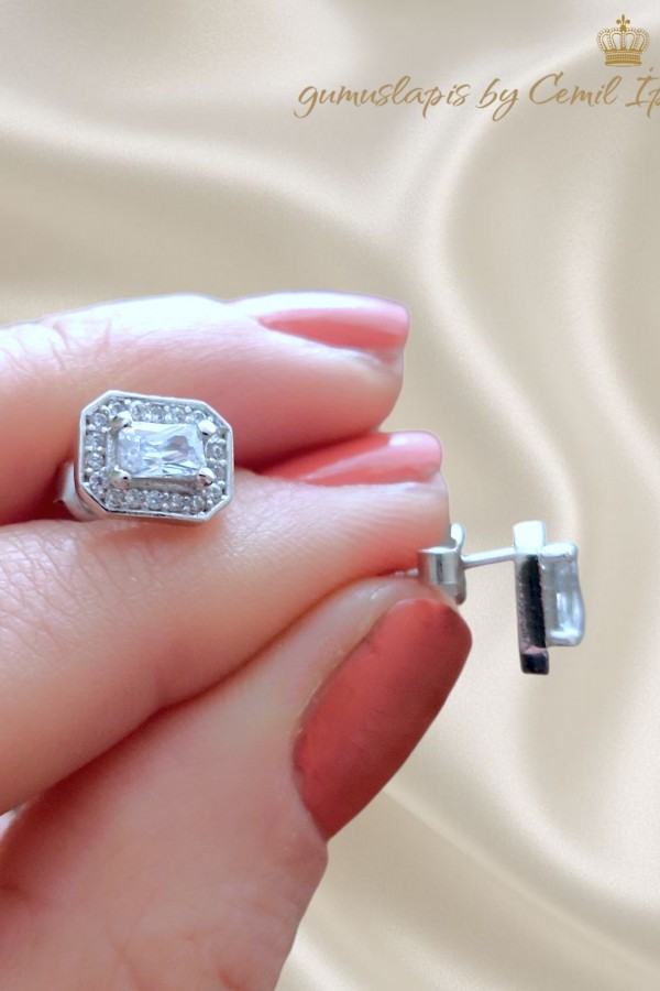 Laboratuvar Pırlantası Taşlı Gümüş Mini  Baget Küpe