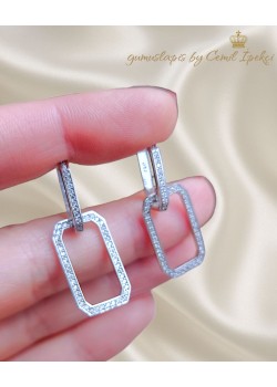 Laboratuvar Pırlantası Taşlı Dikdörtgen Form Gümüş Küpe Çifti