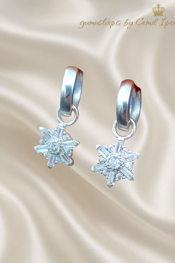 Kar Tanesi Motif Taşlı Kalın Gümüş Halka Küpe