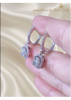 Kare Baget Kesim Taşlı Gümüş Küpe