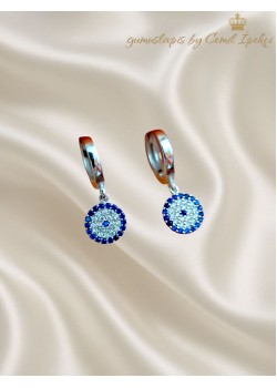 Nazar Boncuklu Yuvarlak Motif Gümüş Küpe Çifti 