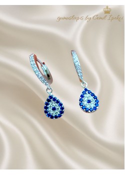 Nazar Boncuklu Damla Motif Gümüş Küpe Çifti 