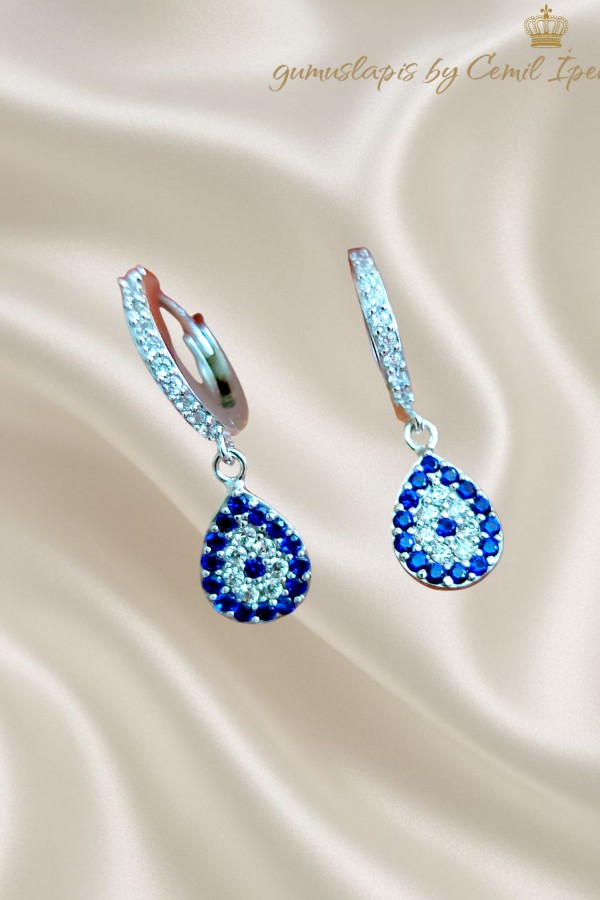 Nazar Boncuklu Damla Motif Gümüş Küpe Çifti 