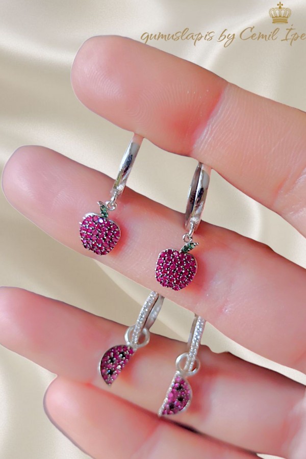 Karpuz ve Elma Motif Yakut Taşlı Gümüş Küpe Çifti Serisi