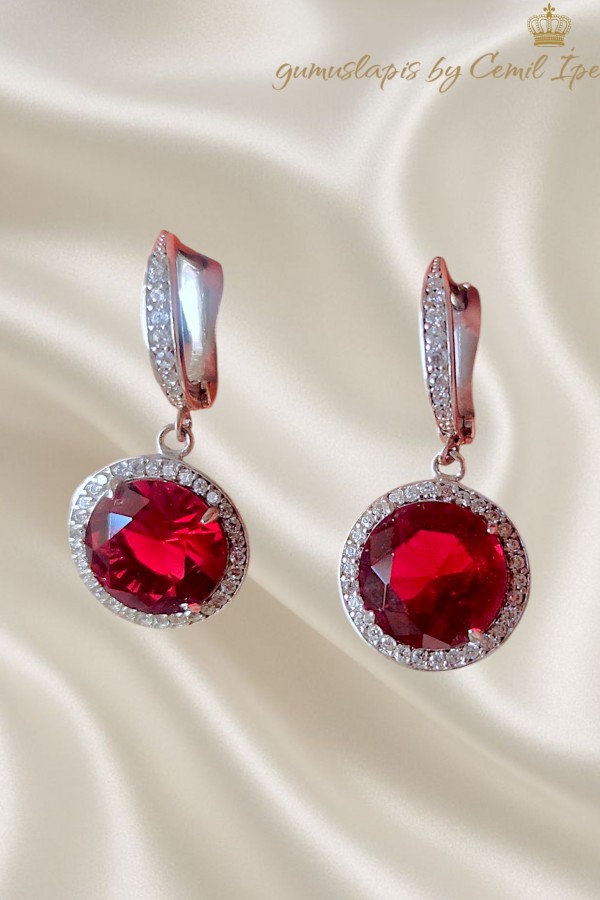 Lab Rubilitte Taşlı Yuvarlak Motif Gümüş Küpe Çifti 