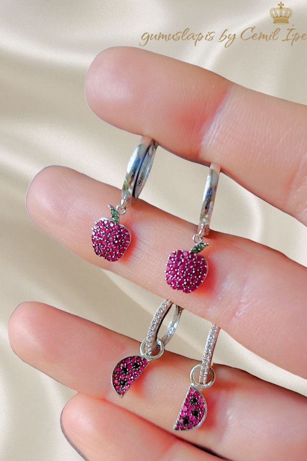 Karpuz ve Elma Motif Yakut Taşlı Gümüş Küpe Çifti Serisi