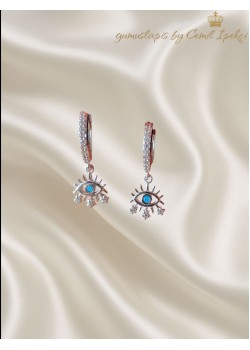 Turkuaz Taşlı Göz Motif Gümüş Mini Küpe Çifti 